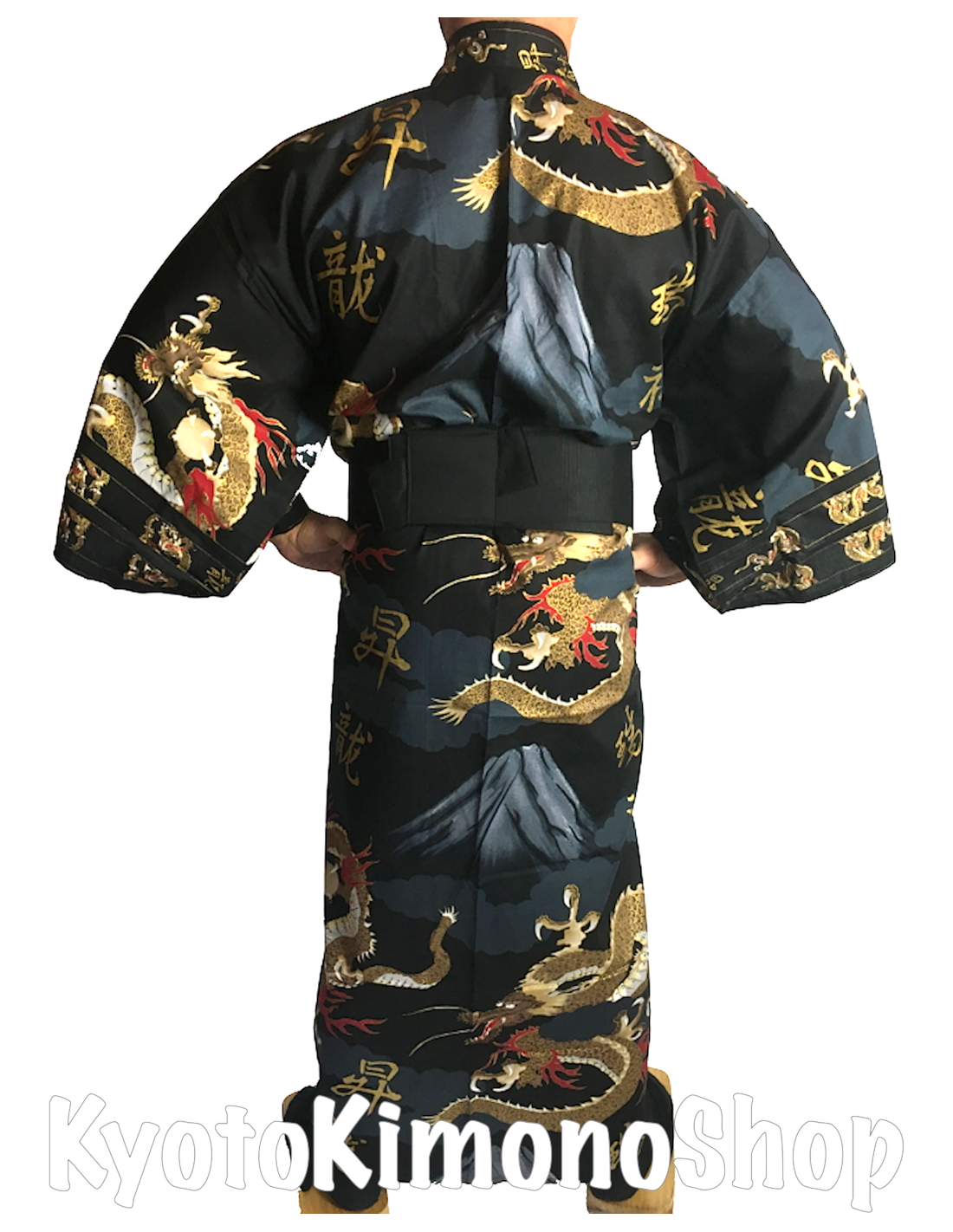 Zwart / Marineblauw / Rood Patroon Dragon & Mt FUJI "Made in Kyoto Japan" Kleding Herenkleding Pyjamas & Badjassen Jurken Japanse Kimono Male 100% Katoen Yukata Ryu Fuji Men 