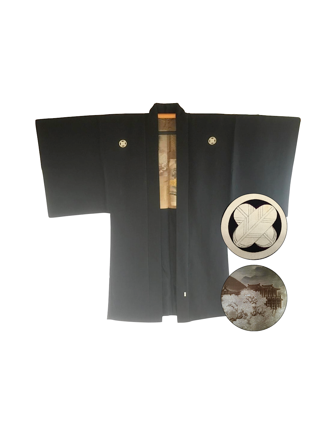 Men's vintage traditional japanese samurai kimono black silk Nobunaga ...