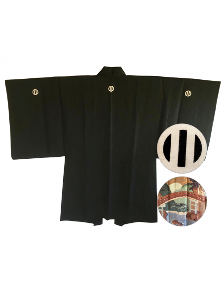 Men's Vintage Haori Samurai Kamon black silk JINJA NO O BASHI