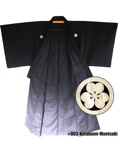 Men's vintage traditional Japanese kimono black silk Katabami Kamon Crest