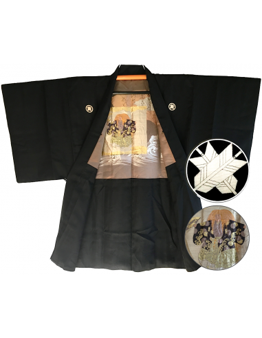 Men's Vintage Haori kimono Black Silk Chigai Ha Montsuki Kabuki