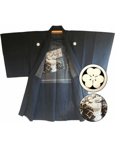 Men's vintage Haori black silk Katabami Montsuki Meoto Iwa