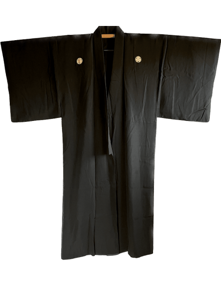 Men's Vintage traditional Japanese kimono black silk Katabami Montsuki