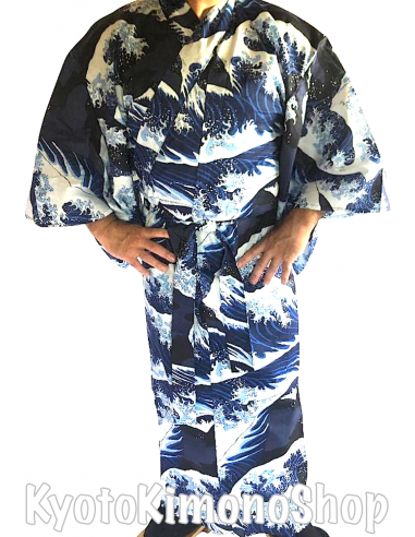 Men's Yukata Nami Hokusai The Wave Navy cotton 61inch Made in Japan